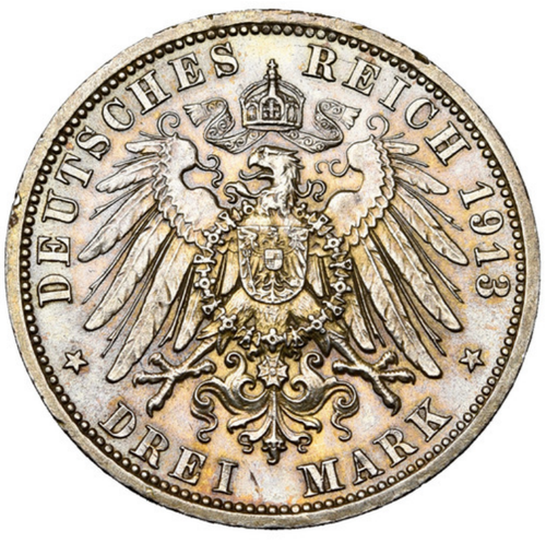 PRUSSIA 3 Mark 1913 Silver AU/UNC Wilhelm II '25th Year of Reign' - Picture 2 of 4