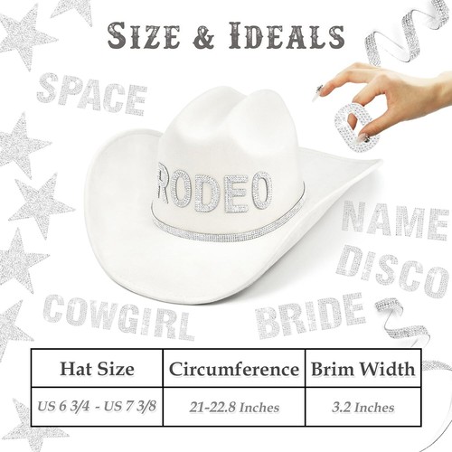 Keilin Cowboy Hats for Women Rhinestone Cowgirl Hat Felt 6 3/4-7 3/8, White - Picture 4 of 7