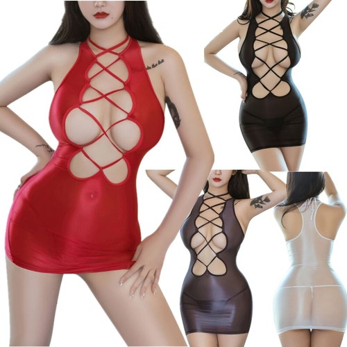 Women's Sexy Criss Cross Lace Up Dress See-through Cut Out Sleeveless Mini Dress - Picture 2 of 60