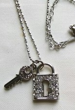 Faux diamond covered lock and key on silver plated chain