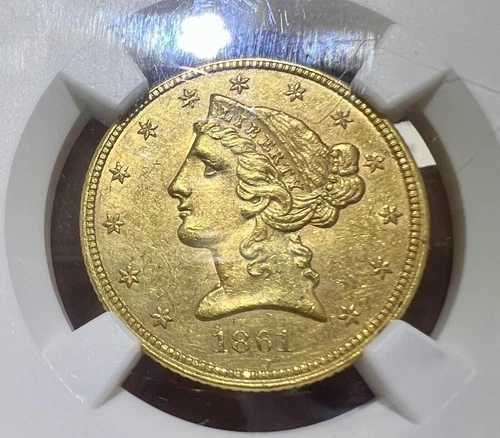 1861 $5 Gold Liberty Head Half Eagle NGC UNC Details - Cleaned