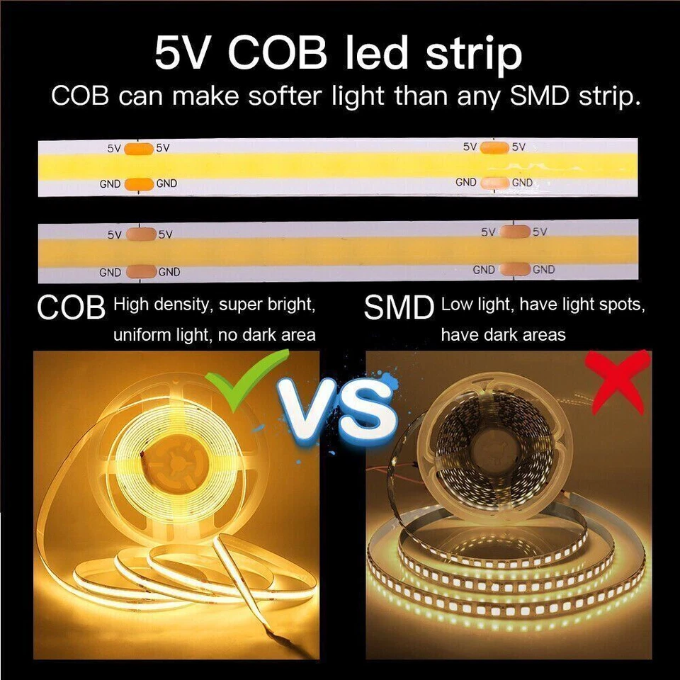 3mm COB LED Strips Light 5V USB Dimmable Flexible Tape Lights Home Lighting TV - Image 3 of 4