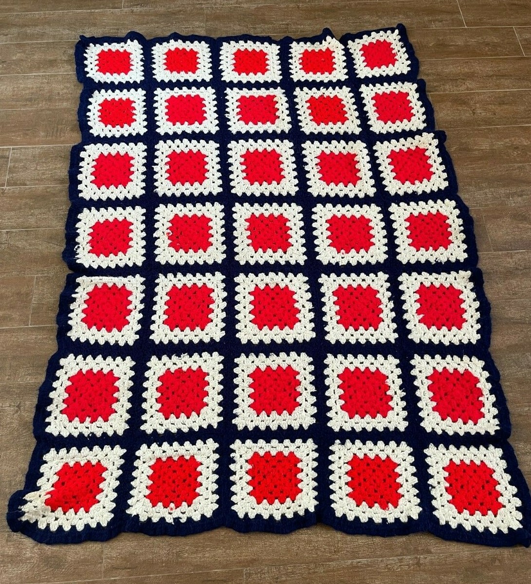 Granny Square Vintage handmade Afghan crochet Blanket 48 x 60 red white blue