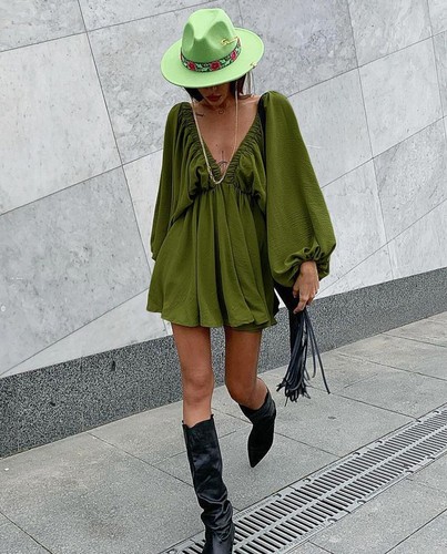 Nuevo Vestido Cuello en V Mangas Largas con Mangas Burbujas y Falda Swing Grande - Imagen 31 de 35