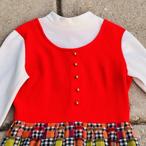 Vintage dress red 15 16 Acrylic Long White Top Gold Buttons 70s Boho Yellow - Picture 9 of 12