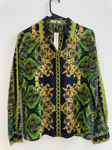 Alice + Olivia Willa Filigree Border Print Silk Blouse Green Black size S - Picture 6 of 9