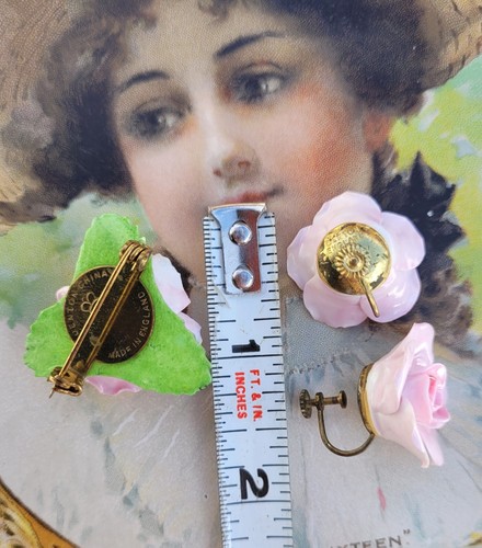 Vtg DENTON England Fine China Pink Floral Flower Pin Brooch & Screwback Earrings - 第 7/7 張圖片