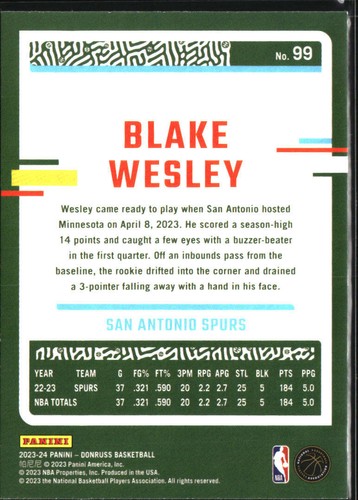 23/24 2023/24 Donruss Amarillo Paralelo #99 Blake Wesley Spurs - Imagen 2 de 2