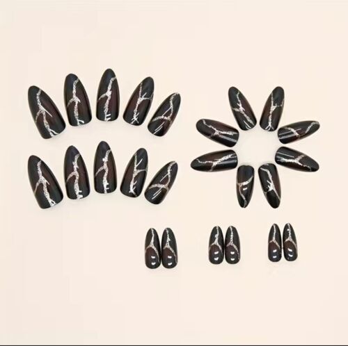 24 Pcs Medium Almond Nails, Black & Red Gradient Nails With Golden Glitter - Picture 2 of 6