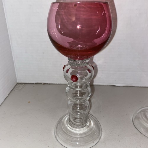 Pair Moser Roemer Art Glass Wine Hock Goblet with Cranberry Glass Top 7.5” Tall - Picture 3 of 5