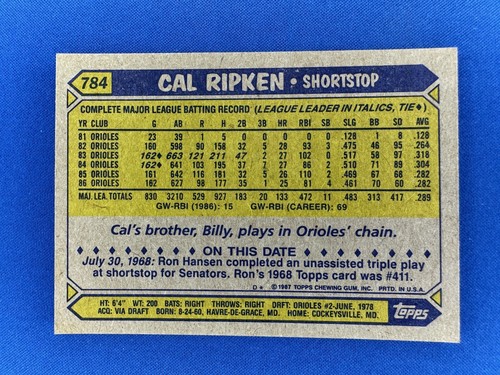 1987 Topps #784 Cal Ripken Jr. HOF Orioles - Picture 2 of 2