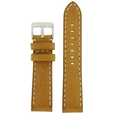 Watch Band Leather Tan Saddle Brown White Stitching Heavy Buckle 20mm 22mm 24mm