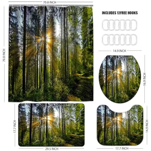 Green Forest Shower Curtain Sets with Rugs, Toilet Lid Cover and Bath Mat - Picture 4 of 6