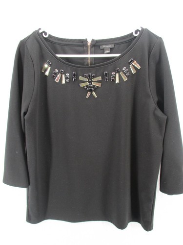 Ann Taylor Damen Top groß schwarz U-Ausschnitt Edelsteine Perlen Reißverschluss hinten 3/4 Ärmel Bluse