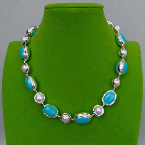 18" Cultured White Pearl Blue Turquoise Beaded Choker Necklace - Picture 3 of 6