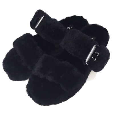 UGG Australia Slippers Womens Black Fuzz Yeah Slide Sheepskin Shearling Slip On
