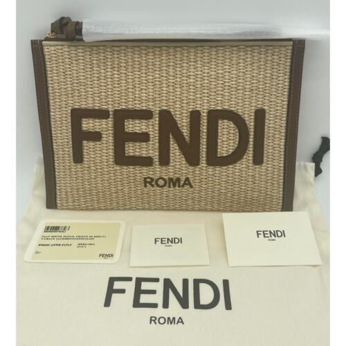 NEW FENDI RAFFIA LEATHER LOGO WRISTLET SUMMER CLUTCH POUCH ZIP BAG AUTHENTIC! - Picture 2 of 16