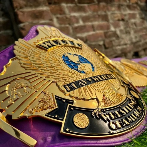 Wing Eagle Championship Wrestling Belt 4 MM Zinc Gold Plate Purple Leather Strap - Picture 2 of 5