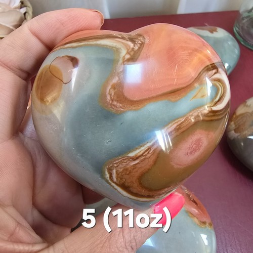 Large Polychrome Ocean Jasper Crystal Puffy Heart Orange Pink Brown Carved Heart - Picture 6 of 32