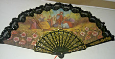 Decorative Hand Fan  Plastic  Cloth  Black  Gold  Lace Trim