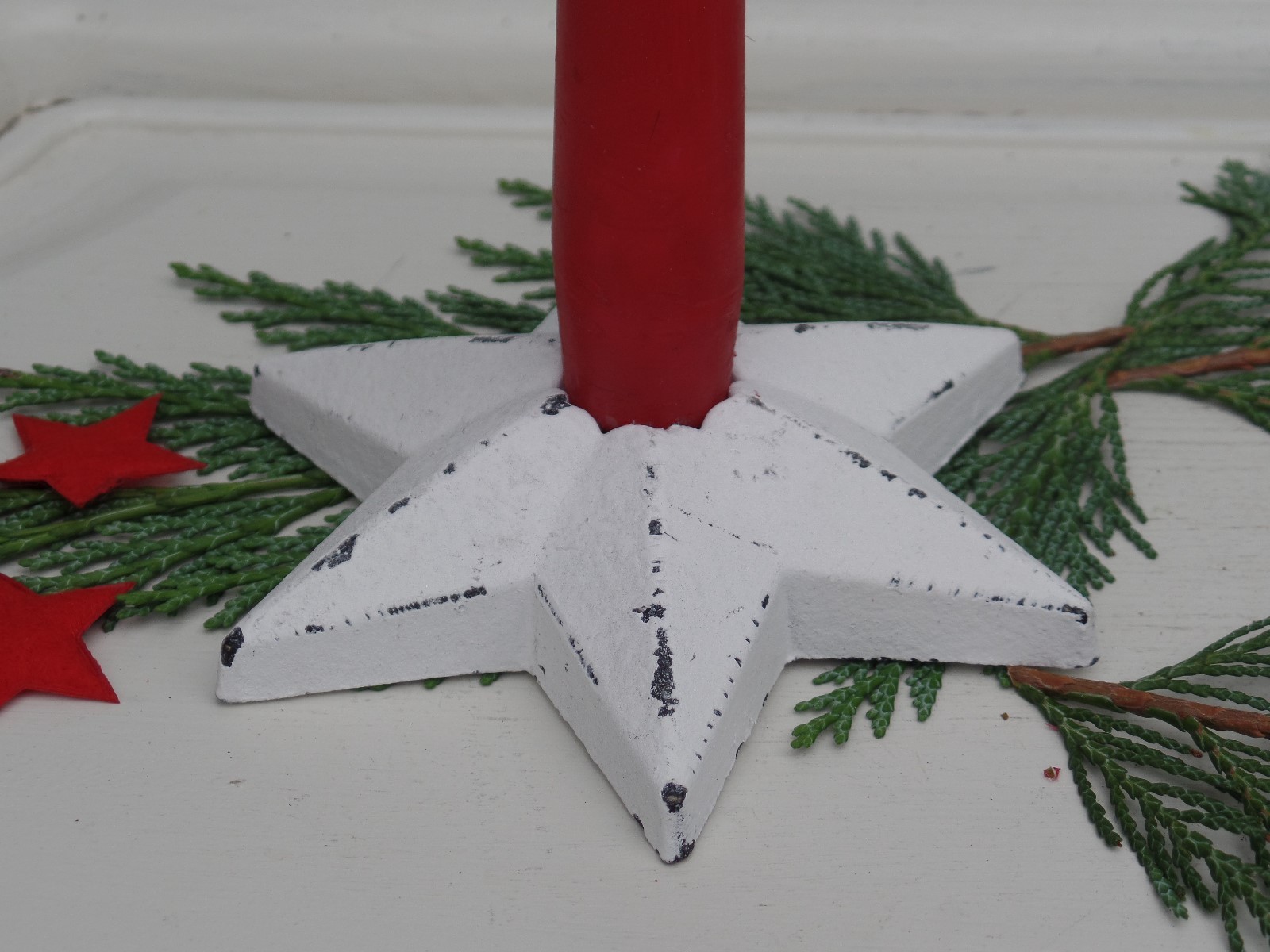 Weihnachtsdeko Kerzenständer Stern Weiß od.Taupe Holz Shabby Antik