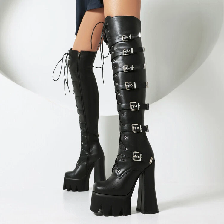 Mujeres Plataforma Hebilla Tacones Altos Sobre la Rodilla Botas Con Cordones Cremallera Prendas para club nocturno Foto 2 de 4