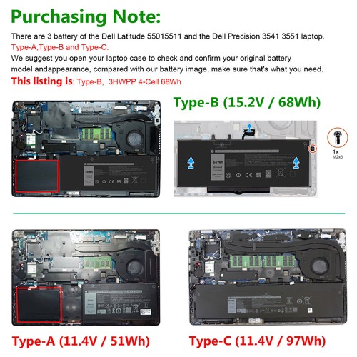Lot 3HWPP Battery For Dell Latitude 14 E5410 15 E5510 Precision 3541 451-BCMN - Picture 2 of 15