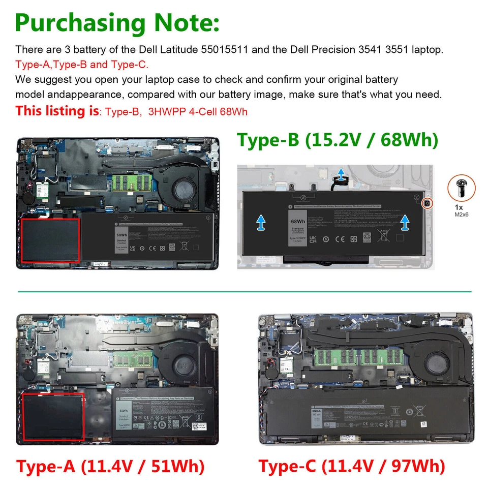 Лот 3HWPP аккумулятор для Dell Latitude 14 E5410 15 E5510 точности 3541 1VY7F 68wh - Изображение 2 из 4