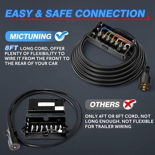 Trailer Wiring Harness 7-Way Plug 8FT Cord Sealed 7-Gang Junction Box Waterproof - Picture 4 of 7