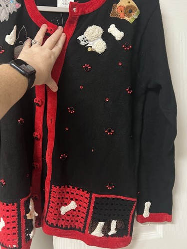 Quacker Factory applizierter Perlen Hund Pudel Cardigan Pullover schwarz Gr. Large neu mit Etikett - Bild 4 von 9