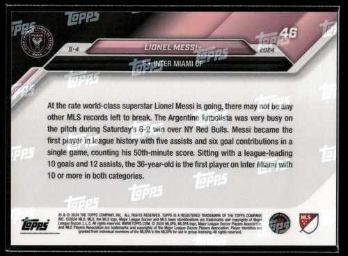 2024 MLS Topps Now Lionel Messi 1ST PLAYER W/ 5 AST GAME Inter Miami CF #46 🔥 - Picture 2 of 2