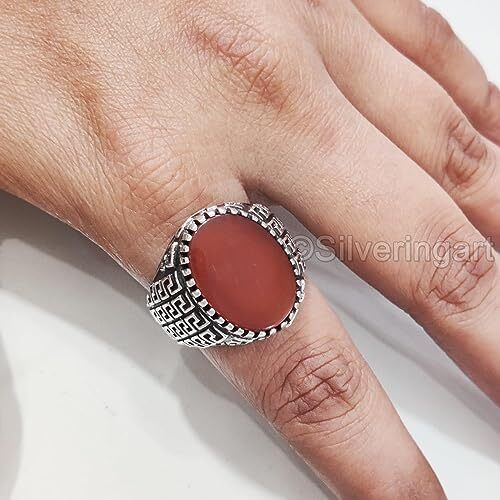 NATURAL CARNELIAN BIRTHSTONE SOLID 925 SILVER HEAVY ARABIC DESIGN MENS RING - Picture 8 of 8