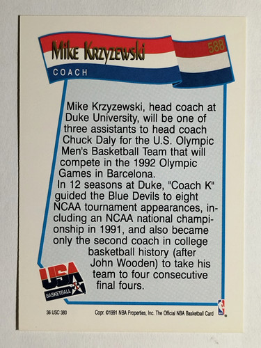 1991-92 Aros #588 Mike Krzyzewski CO EE. UU. RC (nuevo) - Imagen 2 de 2