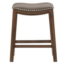Pemberly Row 25.75" Transitional Wood/Faux Leather Saddle Counter Stool in Brown