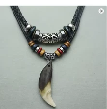 Vintage Men's Wolf Tooth Pendant Necklace – Leather Beaded Woven Prayer Jewelry