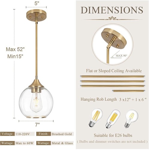 Pendant Light Gold with Clear Glass Globe Shade 7” Kitchen Island 1 Light - Bild 2 von 15
