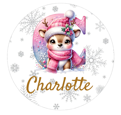 Personalised Christmas Reindeer Pink Initial Name Stickers Label Present Santa - Picture 27 of 50