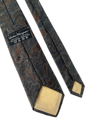 Salvatore Ferragamo Mens Italian Silk Tie Brown Blue Paisley Woven Necktie - Picture 8 of 14