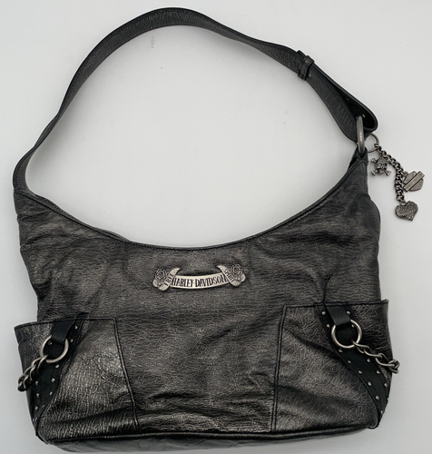 Harley Davidson "Free Spirit" Gris Cuero Metálico Cartera Dijes Tachuelas Cadenas