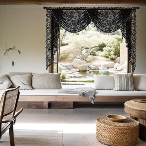 Vintage bestickt Wasserfall Spitze Fenstervorhang Swag Volant mit Perlen Quasten - Bild 32 von 76