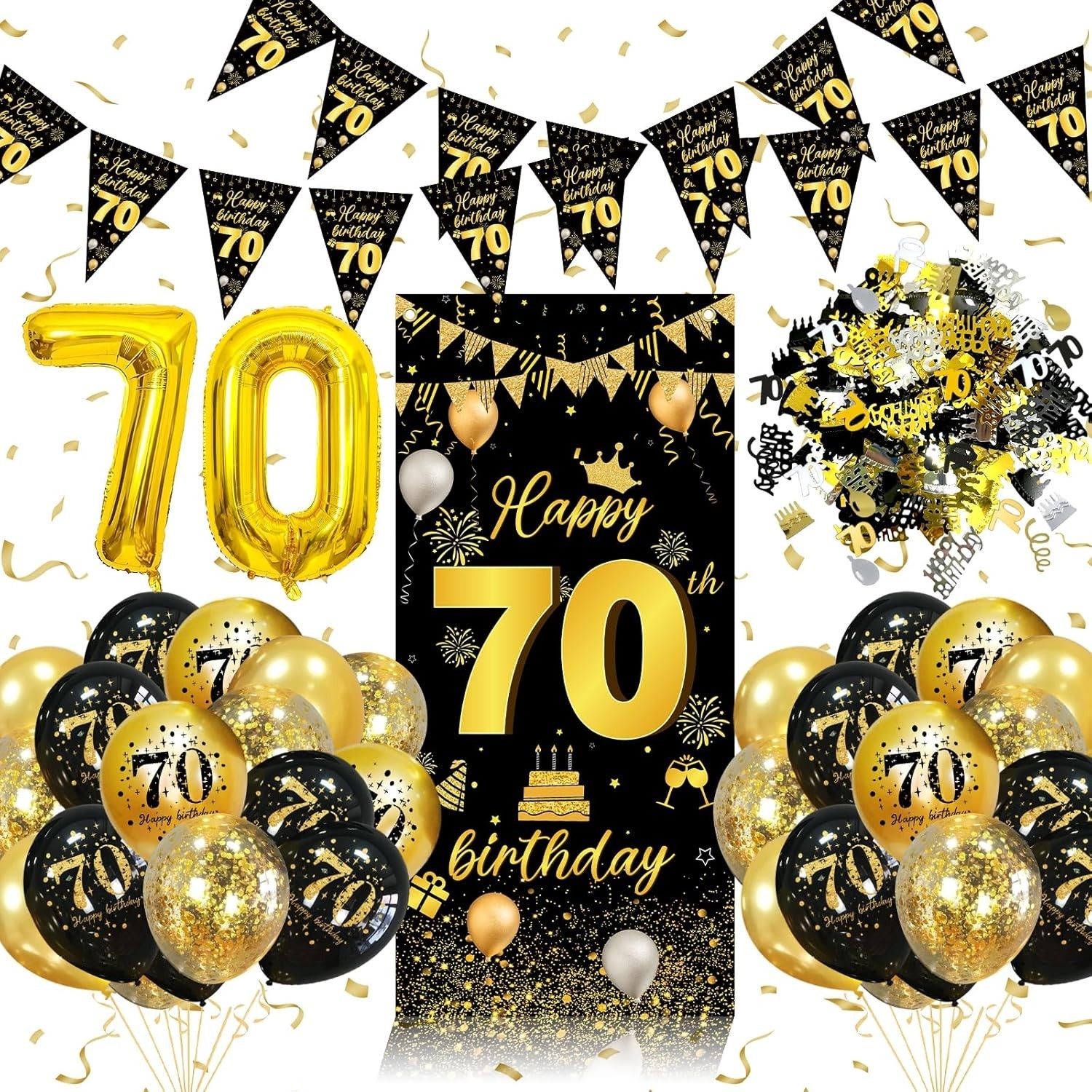 Schwarzer Goldbanner 70er Luftballons Konfetti Deko