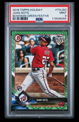 2018 topps bowman #THJSO juan soto rc; green festive /99 holiday rookie PSA 9