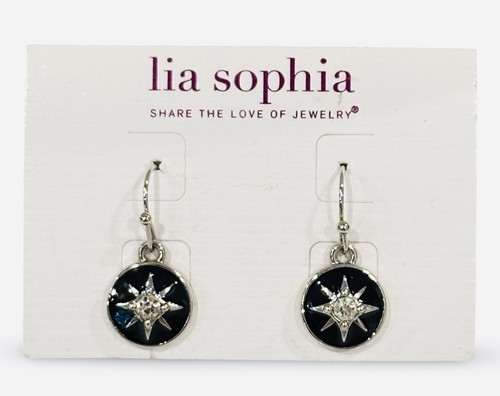 Lia Sophia “Star Gazer” Silver, Black Enamel & Crystals Drop Dangle Earrings - Picture 2 of 3
