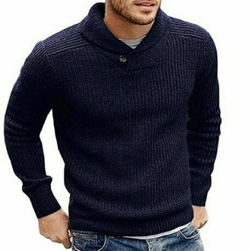Herren Schalkragen Pullover Pulli Slim Fit Freizeit Knopf Zopfmuster Sweater - Bild 12 von 12