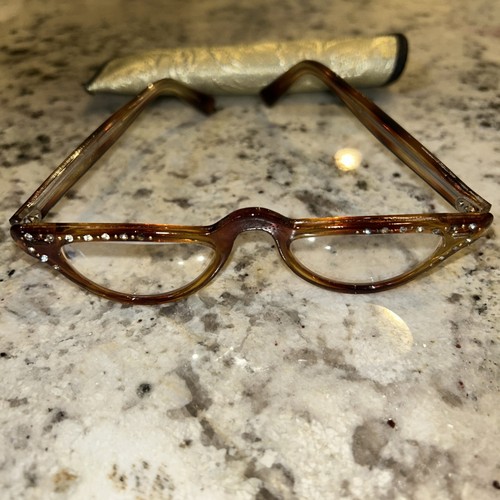 Vintage 50s Cat Eye Glasses Marine Frames Rhinestones 5” USA - Picture 1 of 8
