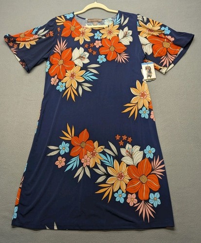 Alexandra + Oak Jersey Strick Marine Kombi Blumen Etuikleid Large Neu mit Etikett
