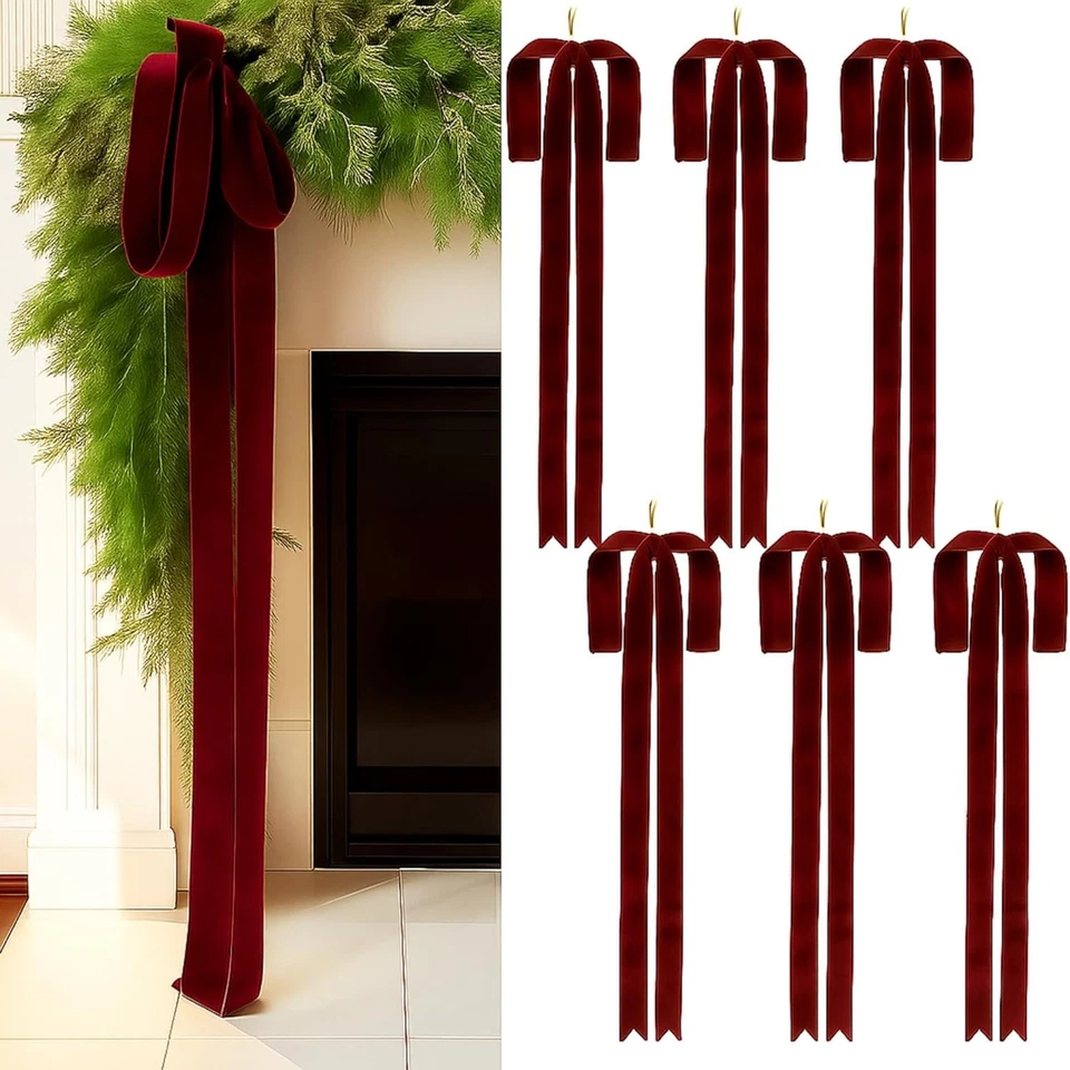 6 Piezas Borgoña Grande Terciopelo Navidad Swag Arco 31.5 X 23.6 Pulgadas De Colección Navidad Foto 3 de 4