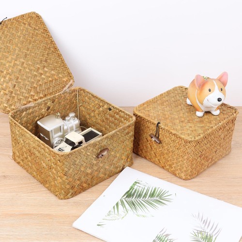 Wicker Shelf Baskets with Lid, Handwoven Seagrass Storage X-Small, Natural - Picture 2 of 6