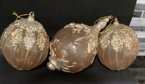 3 Vintage Extra Large Gold Finial Ball Christmas Ornament. Acrylic Handpainted - Picture 3 of 13