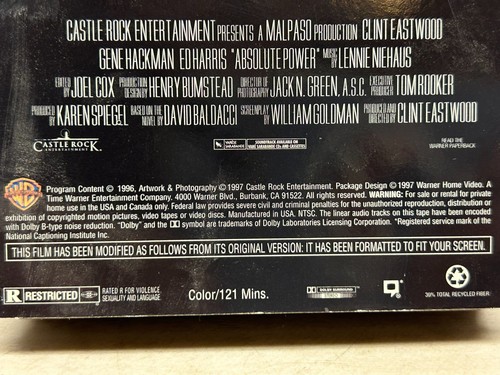 Vintage 1997 "Absolute Power" VHS Movie With Clint Eastwood Gene Hackman - Picture 5 of 9